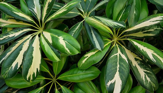 lush variegated schefflera foliage pattern closeup