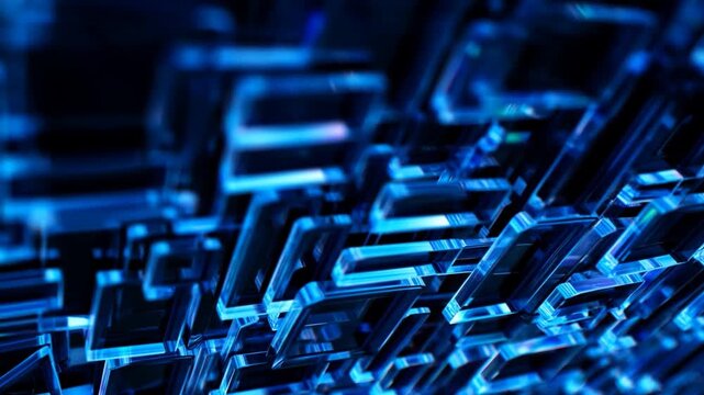 Panning shot of 3d glass blocks shifting and rotating across abstract digital grid with glowing blue reflective prisms and layered structures