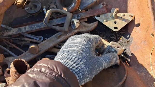 Gloved hand holding large rusty brake drum in scrap metal pile
