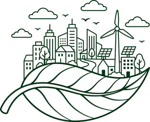 Naklejka premium Green Eco City on Leaf Line Art Vector - Sustainable Smart Town with Wind Turbine and Solar Panels, Clean Renewable Energy Concept