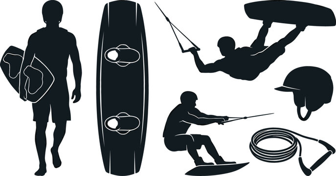 Wakeboarding extreme sport vector silhouette set featuring rider jumping performing tricks holding board and water sports gear elements
