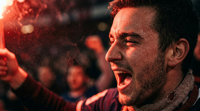 Passionate Soccer Supporter Holding Flare During Match Celebration