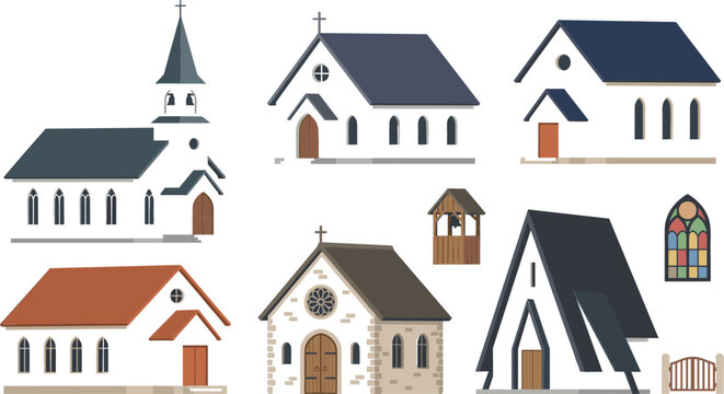 Church building vector illustration set featuring christian chapels cathedral architectures stained glass window and small village parishes mockups