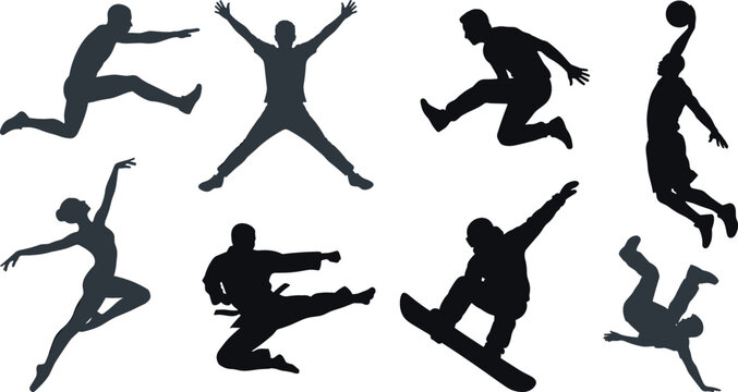 Jumping people silhouette vector illustration set featuring basketball dunk snowboarder long jump martial arts kick and dancing athletes silhouettes