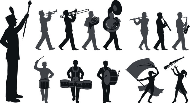 Marching band silhouette vector illustration set featuring drum major musicians color guard flags drums and brass instruments performers