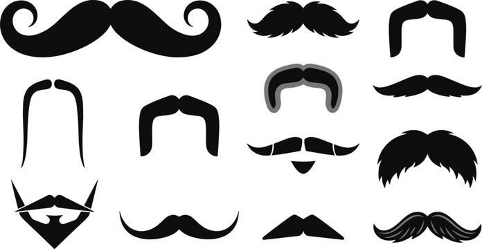 Mustache silhouette vector illustration set featuring vintage retro gentleman facial hair styles including handlebar walrus horseshoe and beard look