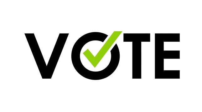 Black capital letters spell VOTE with a green checkmark replacing the letter O on a white background, symbolizing electoral participation.