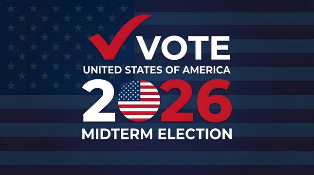 A graphic promoting the 2026 United States Midterm Election with a red checkmark over 'VOTE' and an American flag integrated into the year.