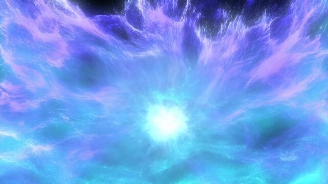 Slow zoom into glowing blue and purple nebula energy burst with lightning strikes in deep cosmic space environment