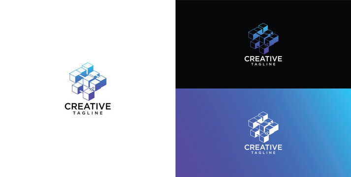 Modern isometric logo design featuring 3D modular cubes and geometric blocks for a creative business identity template with blue gradient accents
