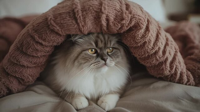 Fluffy longhair kitten peeking under knitted blanket on cozy bed with textured pink blanket