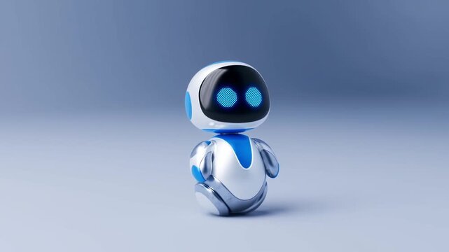 Panning shot of small white blue robot rotating and turning on seamless studio surface with soft diffuse lighting