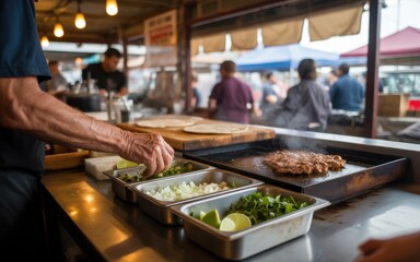 Obraz premium Street food chef prepares a delicious meal on a hot metal griddle at a bustling local outdoor market stall.