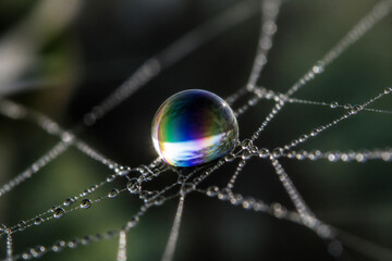 Naklejka premium Water droplet reflecting rainbow on spider web strands