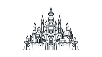 Detailed black and white line art illustration of a majestic fairy tale castle. © Alya