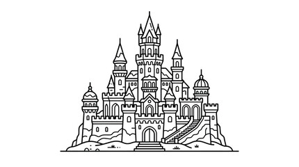 A detailed black and white line art illustration of a majestic fairytale castle. © Alya