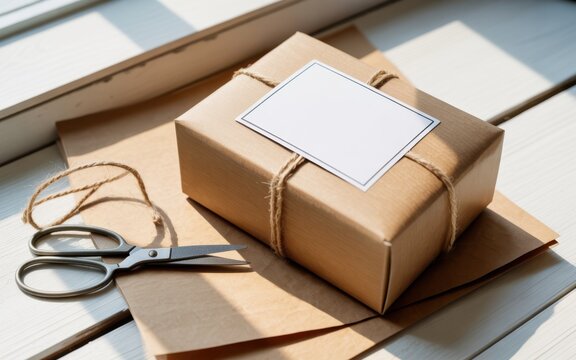 Parcel wrapped in brown paper with a blank shipping label and metal scissors lies on a white wooden table surface.