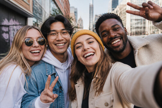 Young friends smiling and taking selfie on city street