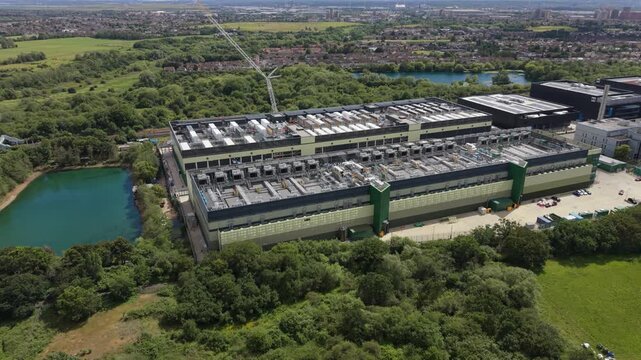 Modern Data Center Campus Flyover on a Bright Sunny Day