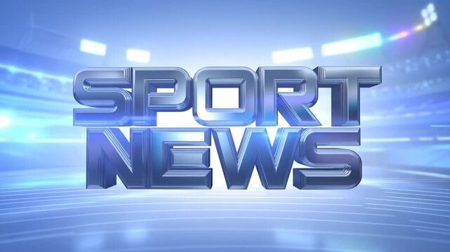 Tracking shot of metallic 3d sport news logo assembling and rotating into view with reveal and zoom in broadcast studio arena with blue glowing lights and stadium backdrop