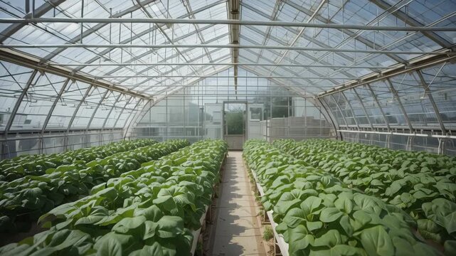 Greenhouse interior leafy green vegetable seedlings raised troughs glass roof hydroponic crop rows