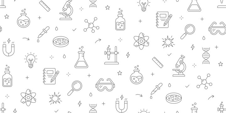 STEM science education seamless pattern with school lab line icons