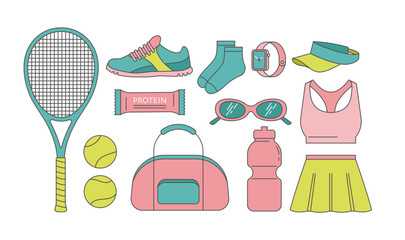 Obraz premium Tennis equipment and apparel collection with racket, balls, sportswear and accessories. Vintage sport vector illustrations and graphic elements set.