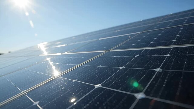 Solar panel array glinting bright sun with clear blue sky renewable energy photovoltaic cell solar