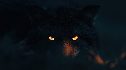 Fototapeta premium Black fox or wolf with bright glowing orange eyes emerging from the deep darkness of a nighttime background.