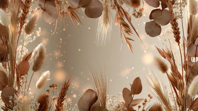 Boho chic background featuring a decorative border made of preserved eucalyptus leaves, dried wheat, pampas grass, and fluffy bunny tails on a beige backdrop with warm glowing bokeh lights.