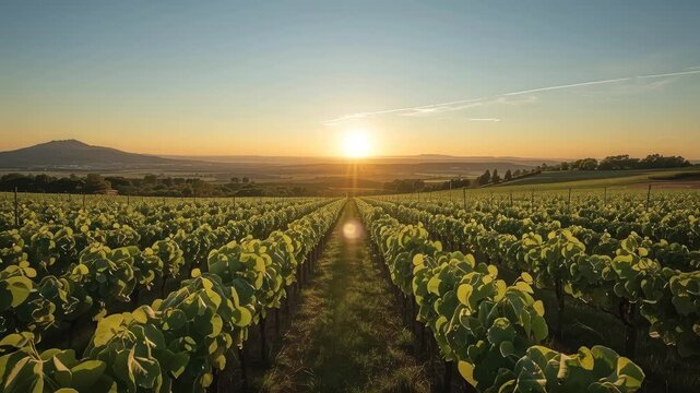 Sunlit vineyard rows at sunrise with warm light rolling over distant hills in peaceful field
