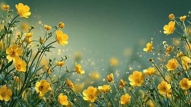 Bright yellow buttercup flowers background with green backdrop and magical bokeh
