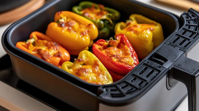 Stuffed mini bell peppers with melted cheese cooked in air fryer basket