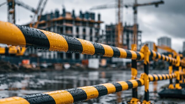 Yellow and black safety barrier with water drops at construction site foreground