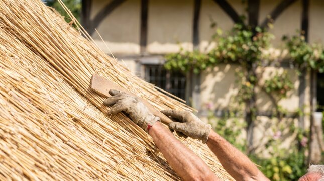 Thatcher using a wooden tool to align straw on a traditional roof