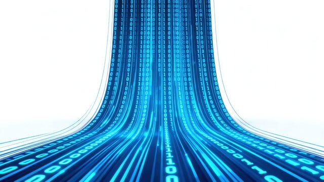 Blue binary code flow on white background
