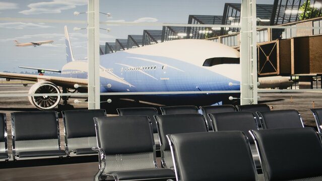 Close up of benches in empty airport hallway following delayed flight schedule, Silent waiting area lounge vacant during unexpected travel disruption, parked plane visible on glass windows.