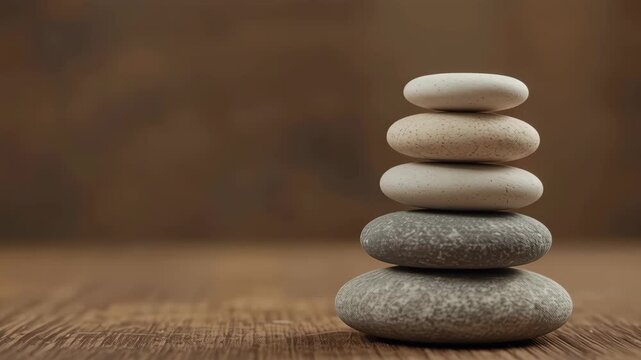 Stacked smooth stone and pebble stack balance on wooden surface evoking calm minimal zen spa decor