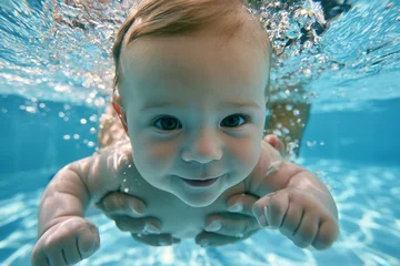 Baby underwater during a supervised infant swimming lesson in a clear blue pool, representing early water confidence, swim education and child water safety © Ekaterina Pokrovsky