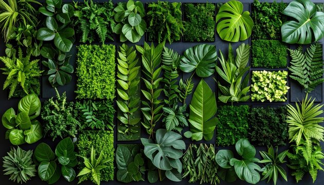 Modern vertical garden wall with diverse living plants in separate designer panels. Urban green wall, interior eco decor, natural zoning, lush foliage, botanical textures, modular trend