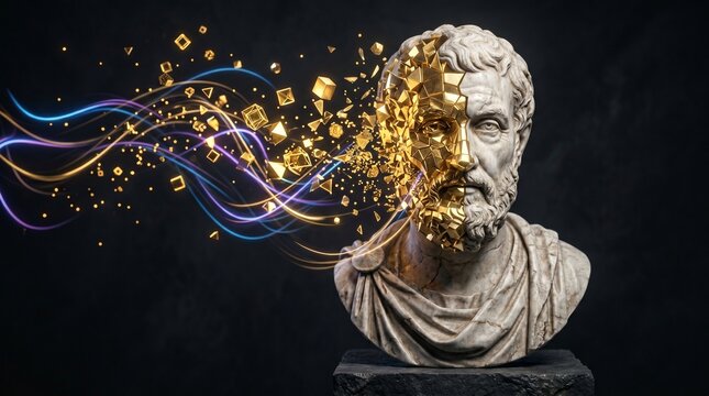 Classical marble bust of a Roman philosopher dissolving into golden geometric particles and neon light trails.