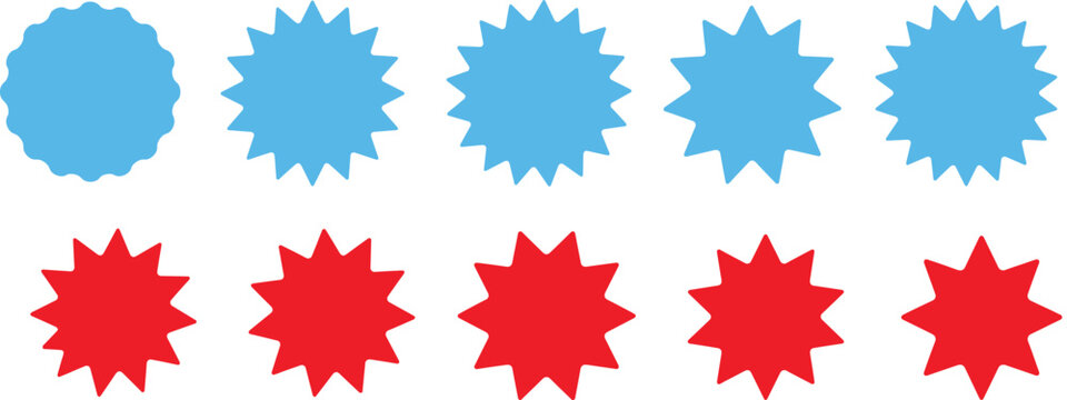 Five blue starburst shapes and five red starburst shapes arranged in two rows