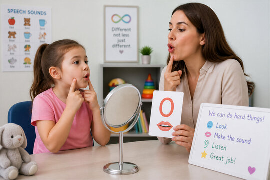 Speech therapist coaching young girl in clinic session