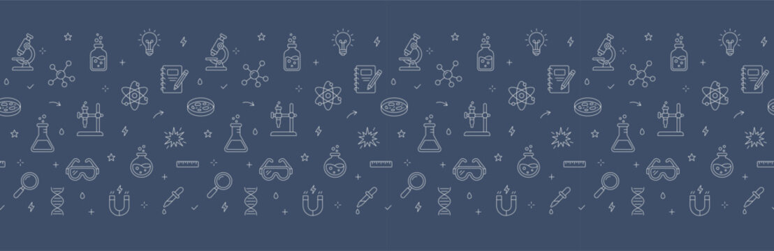 STEM science education seamless border with school lab line icons