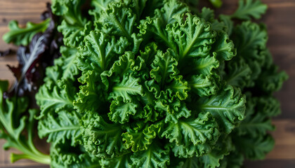 Obraz premium Top view of fresh curly kale salad, food background, macro photography, one line art. White tone