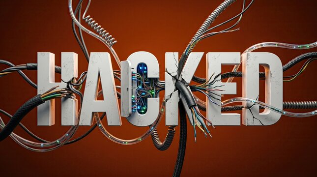 Hacked System with Exposed Wires: The word HACKED is prominently displayed, with exposed and tangled wires surrounding it, symbolizing a compromised digital security system and data breach.