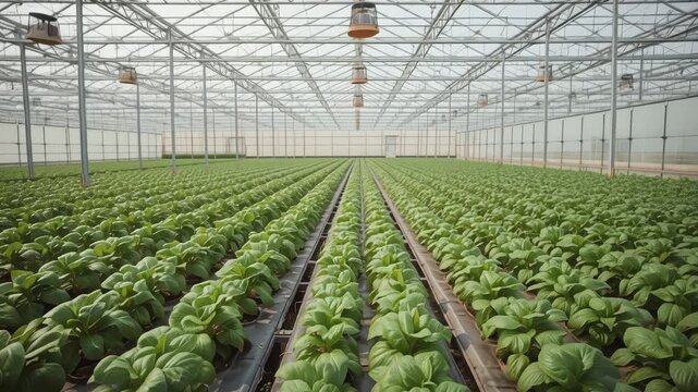 Greenhouse hydroponic lettuce seedling rows in interior controlled bright orderly environment