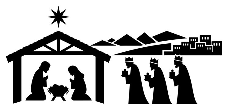 Nativity scene silhouette with Three Wise Men and Holy Family, Christmas Bethlehem star vector