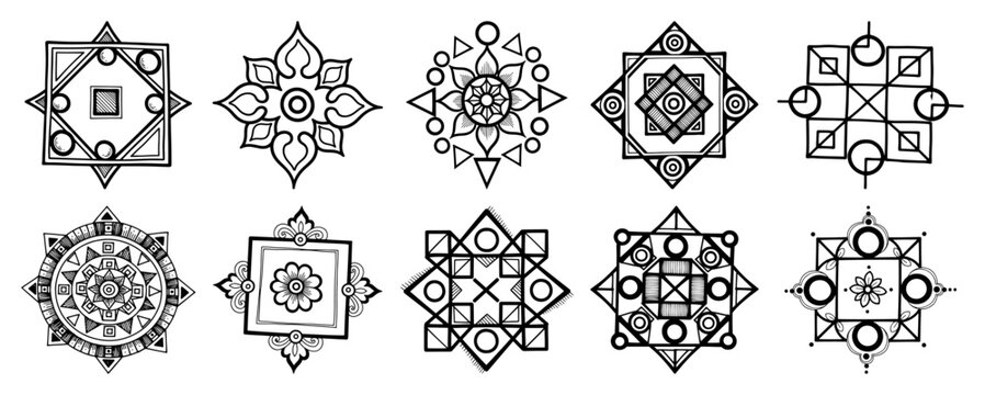 Geometric mandala symbols set, sacred geometry and floral pattern ornaments vector
