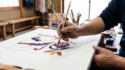 Obraz premium Artisan using a fine brush to hand paint colorful dyes onto stretched silk fabric